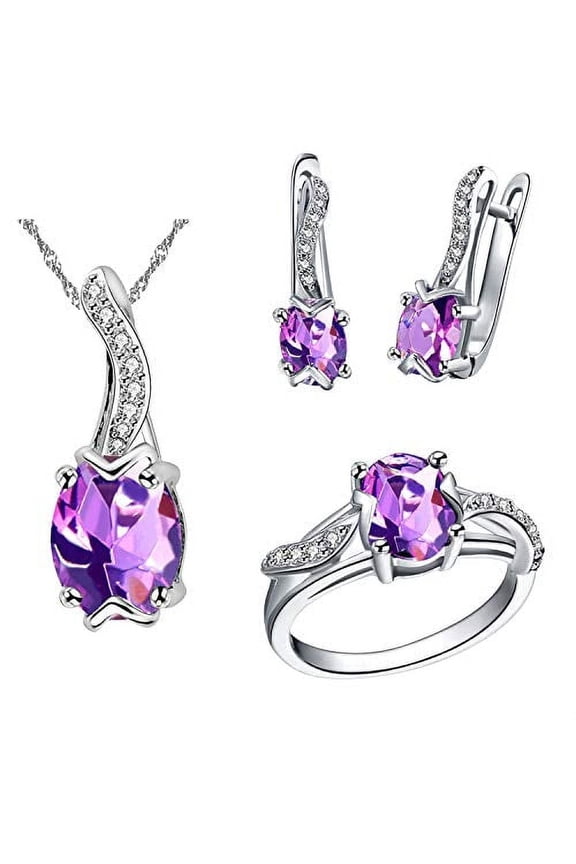 Women Romantic Purple Crystal Pendant Necklace Oval Cut Clip On Earrings Wedding Halo Ring 18k White Gold Plated Wedding Jewelry Sets for Brides (Purple, Size 8) T233