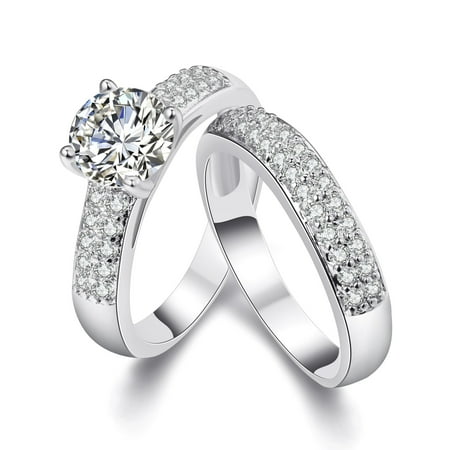 Uloveido Women Silver Color Round CZ Bridal Rings Set 2PCS Wedding Promise Rings Set for Women (Size 8) KR005