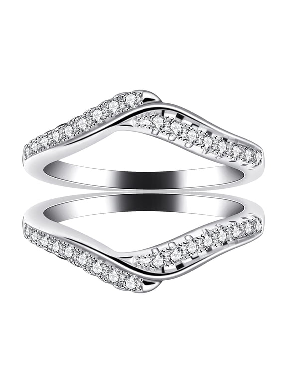 Women's 925 Silver CZ Wedding Band Ring Guard Enhancer Staking Rings Set Y1516 (Size 8)