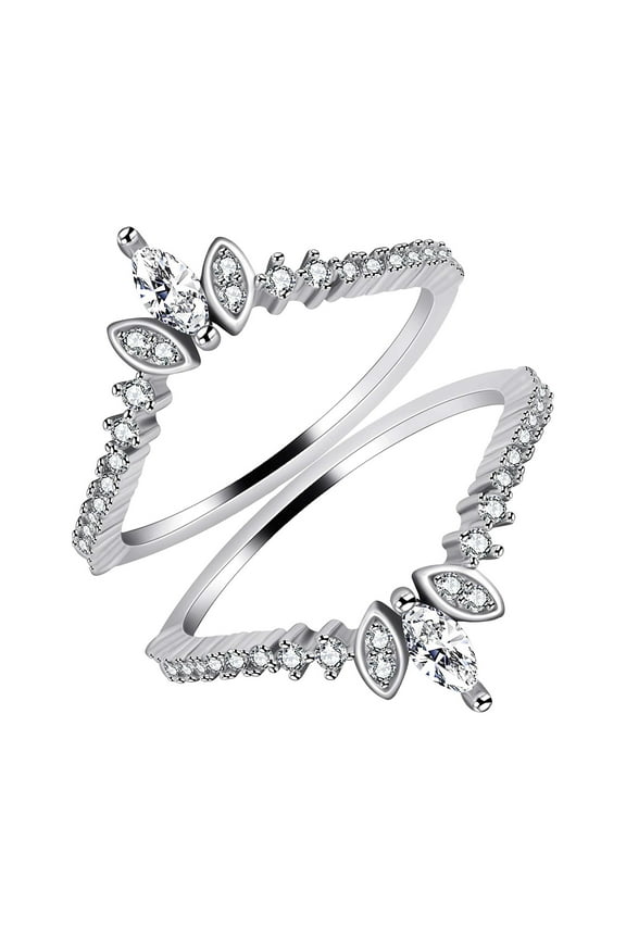 Women's 925 Silver Marquise CZ Crown Wedding Band Guard Engagement Ring Enhancer 2pcs Stack Rings Set (size 9)