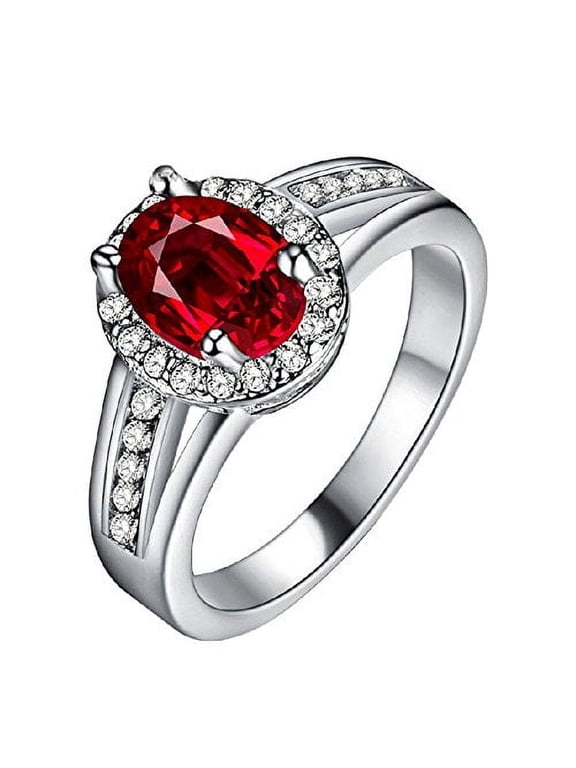 Women's Asscher Oval Shape Created Ruby Color Rings for Wedding Available in Size 6 7 8 9-PJ139