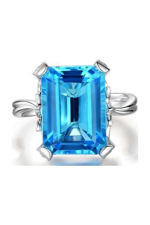 Women's Big Emerald Cut Blue CZ Ring Large Rectangular Zircon Wedding Promise Rings Fashion (Size 9)