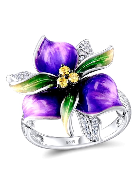 Women's Flower Cocktail Rings Silver Color Statement Anniversary Party Jewelry for Women Purple Flower Rings with CZ Crystals Size 9 RA601