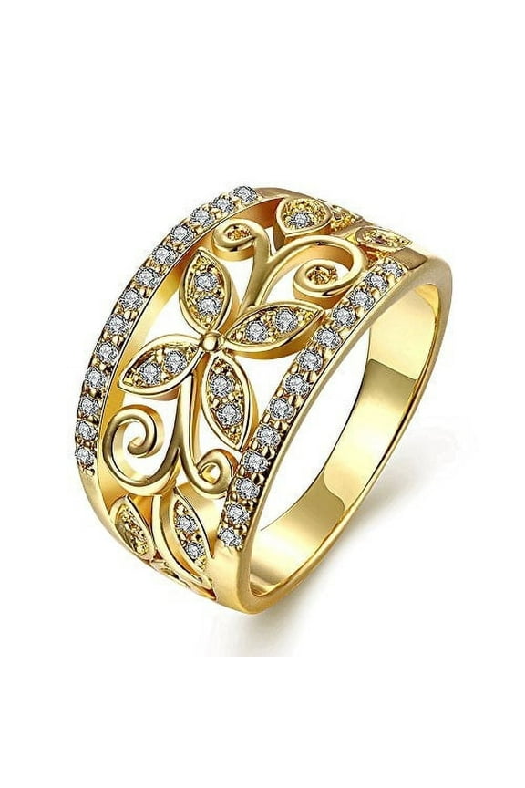 Women's Yellow Flower Ring Wide Hollow Band Anniversary Cocktail Statement Rings Gifts for Mom CR098 ( Size 8)