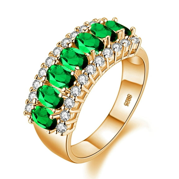 Uloveido Women's Gold Plated Green Cubic Zirconia Wedding Band Oval Cut 7 Stone CZ Zircon Mother Rings J501 (Gold, Green, Size 7)