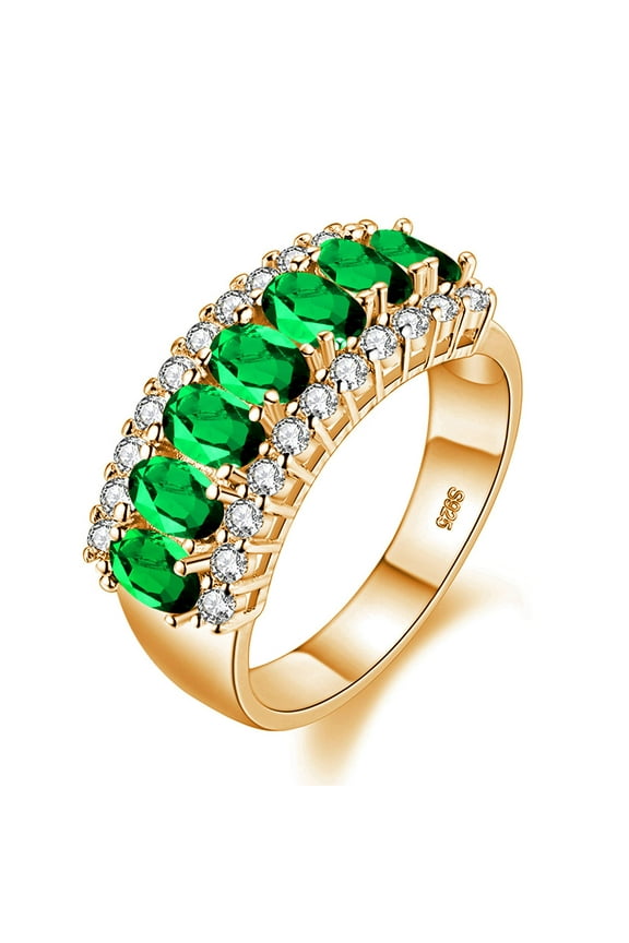 Women's Gold Plated Green Cubic Zirconia Wedding Band Oval Cut 7 Stone CZ Zircon Mother Rings J501 (Gold, Green, Size 7)