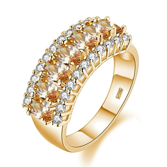 Uloveido Women's Gold Plated Oval Cut Champagne Yellow Cubic Zirconia 7 Stones Wedding Band Birthstone Ring J501 (Gold,Champagne, Size 6)