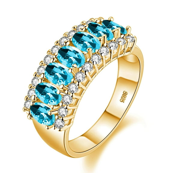 Uloveido Women's Gold Plated Simualted Oval Light Blue Topaz Ring, 7 Stone Cubic Zirconia Wedding Ring J501 (Light Blue, Size 8)