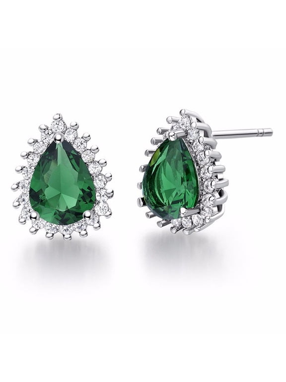 Women's Green Teardrop Stud Earrings Pear Shape CZ Crystal Studs Platinum Plated R815 (Green)