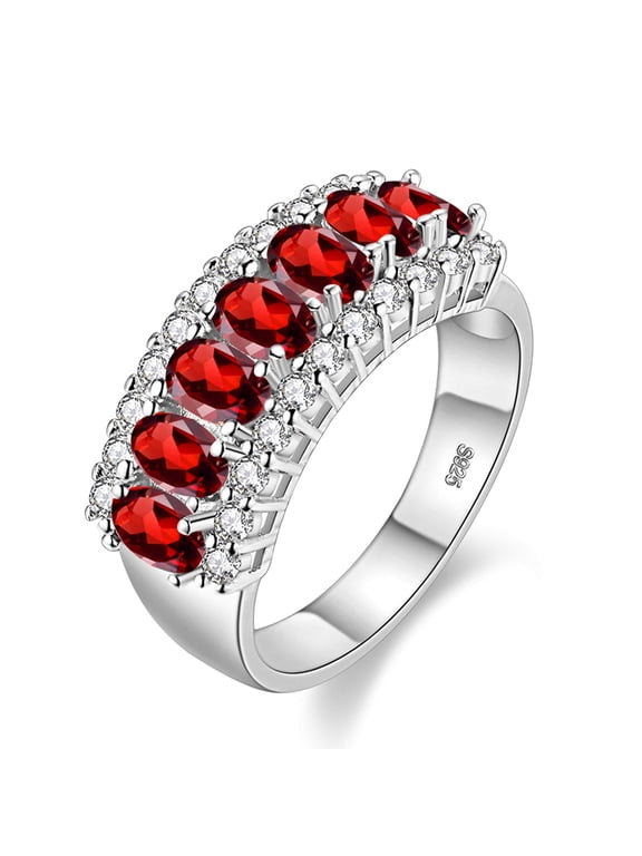 Women's Oval Red Cubic Zirconia 7 Stone Wedding Band,Simulated Garnet Birth Stone Ring J501 (Platinum,Red,Size 7)