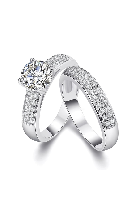 Women's Platinum Plated CZ Engagement Band Double Wedding Rings Set Fashion Bridal Rings Set (Size 5) KR005