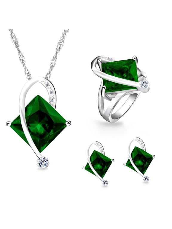Women's Platinum Plated Created Emerald Square Pendant Necklace and Stud Earrings Rings Wedding Jewelry Set (Green, Size 5) T295