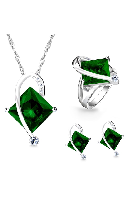 Women's Platinum Plated Created Emerald Square Pendant Necklace and Stud Earrings Rings Wedding Jewelry Set (Green, Size 5) T295