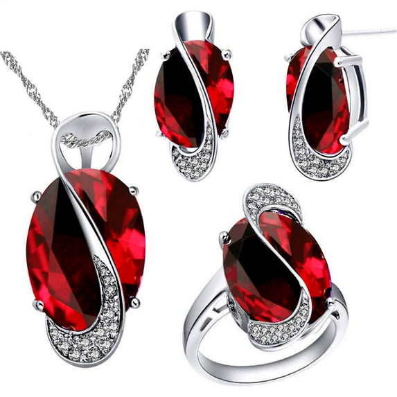 Uloveido Women's Platinum Plated Created Oval CZ Pendant Necklace Clip on Earrings Halo Rings Wedding Jewelry Set (Red, Size 5) T472