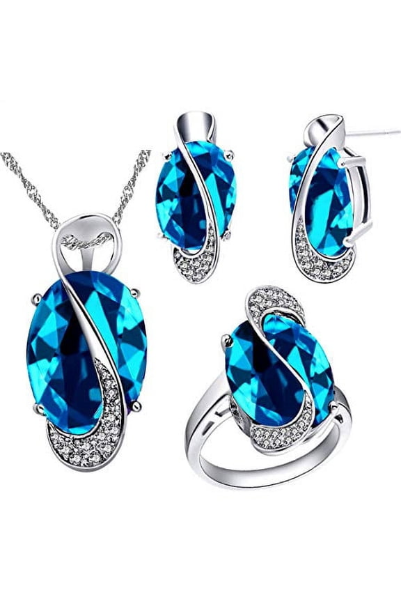 Women's Platinum Plated Light Blue Crystal Pendant Necklace Studs Earrings and Cocktail Rings Wedding Anniversary Jewelry Set for Women T472