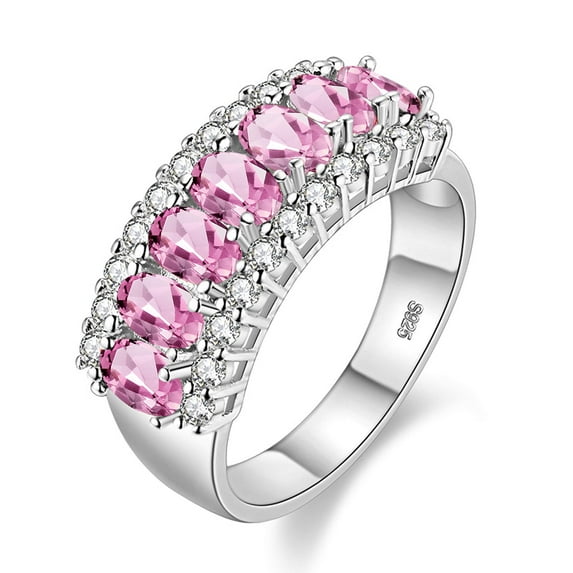 Uloveido Women's Platinum Plated Oval Cut Pink Cubic Zirconia 7 Stone Wedding Band,Simulated Tourmaline Ring J501 (Platinum,Pink,Size 6)