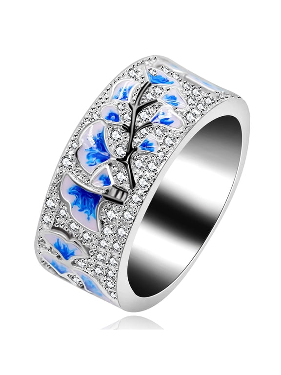 Women's Rhodiun Plated Black Branch Ginkgo Leaf Ring Round Cubic Zirconia Cluster Wedding Promise Rings for Her Y538 (Size 9)