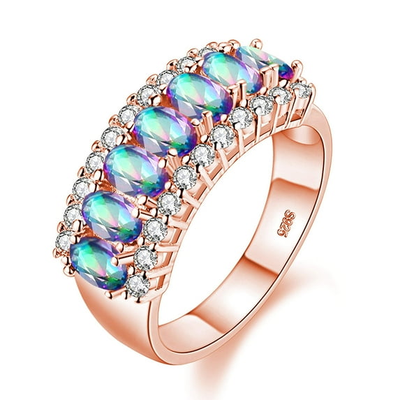 Uloveido Women's Rose Gold Plated 7 Stones Wedding Band Oval Cut Rainbow Cubic Zirconia Engagement Anniversary Rings J501 (Multi, Size 6)