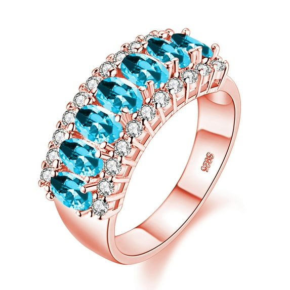 Uloveido Women's Rose Gold Plated Oval Cut Light Blue Cubic Zirconia 7 Stone Wedding Band,Simulated Aquamarine Ring J501 (Light Blue, Size 6)