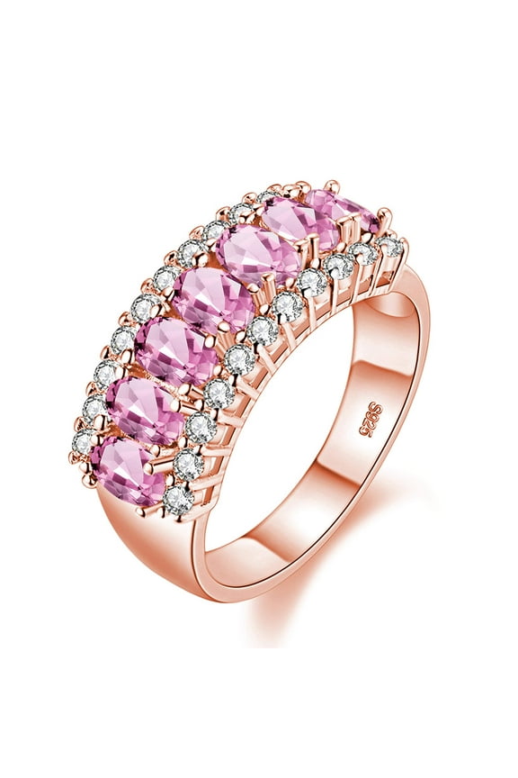 Women's Rose Gold Plated Pink Cubic Zirconia Wedding Band Oval Cut 7 Stone CZ Zircon Anniversary Rings J501 (Pink, Size 7)