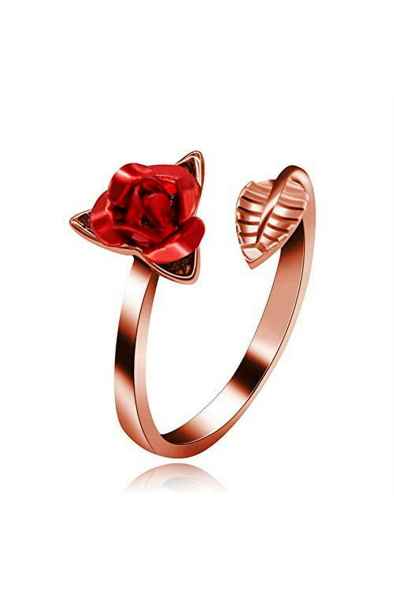 Women's Rose Gold Plated Red Rose Flower Ring Adjustable Open Tail Rings Wedding Promise Jewelry Valentine's Gifts for Girl or Girlfriend Y456-Rose Gold