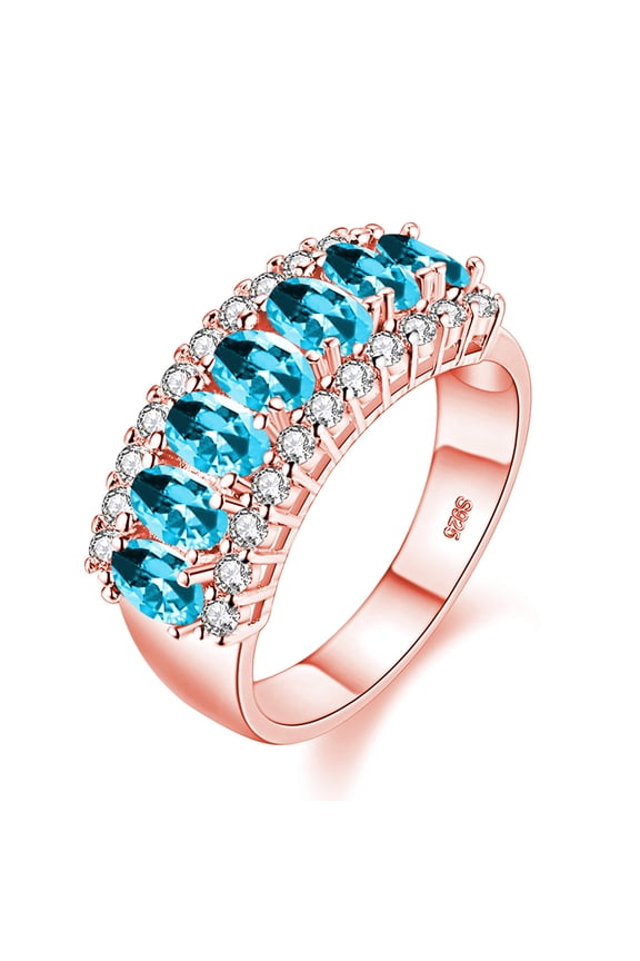 Women's Rose Gold Plated Simualted Oval Light Blue Topaz Ring, 7 Stone Cubic Zirconia Wedding Ring J501 (Light Blue, Size 8)