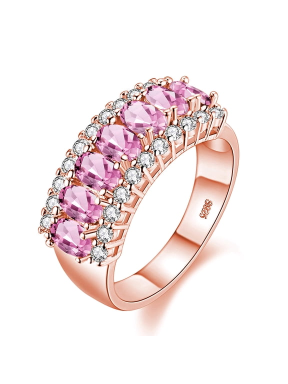 Women's Rose Gold Plated Simulated Pink Tourmaline Wedding Band Oval Cut 7 Stone CZ Anniversary Rings J501 (Pink, Size 6)