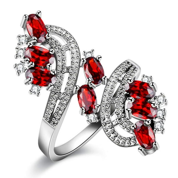 Uloveido Women's Silver Color Oval Cut Red Cubic Zirconia Vintage Gothic Ring,Unique Tree Leaf Life Ring for (Silver, Size 7) J656