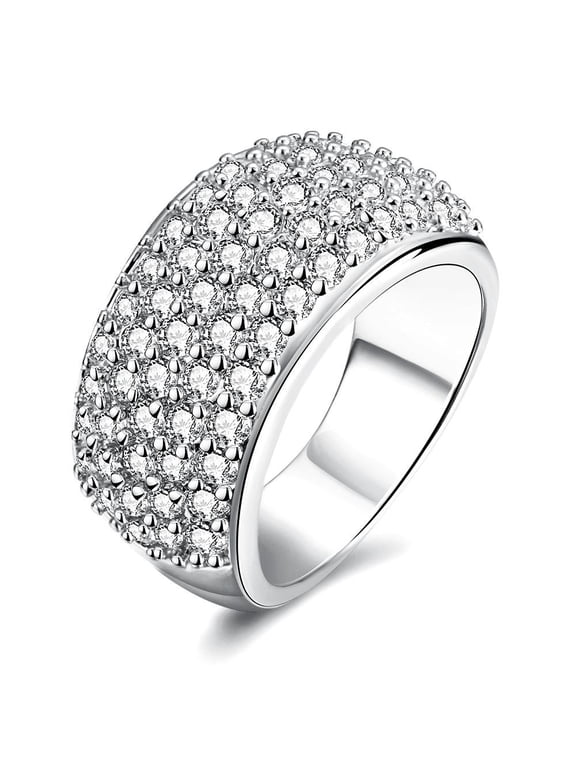 Women's Silver Color Simulated Diamond Cluster Ring Rhodium Plated Wide Eternity Rings Graduation Birthday Gifts for Women (Platinum Size 8) CR002