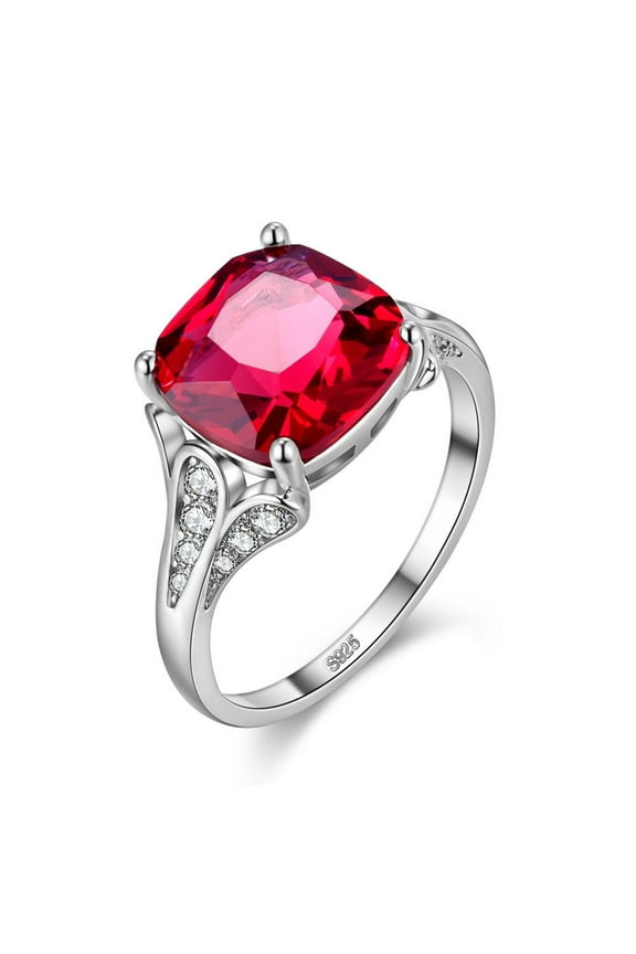 Women's Solitaire Square Cut Rings Red Cubic Zirconia Platinum Plated Promise Ring Party Costume Jewelry (Size 7) Y146