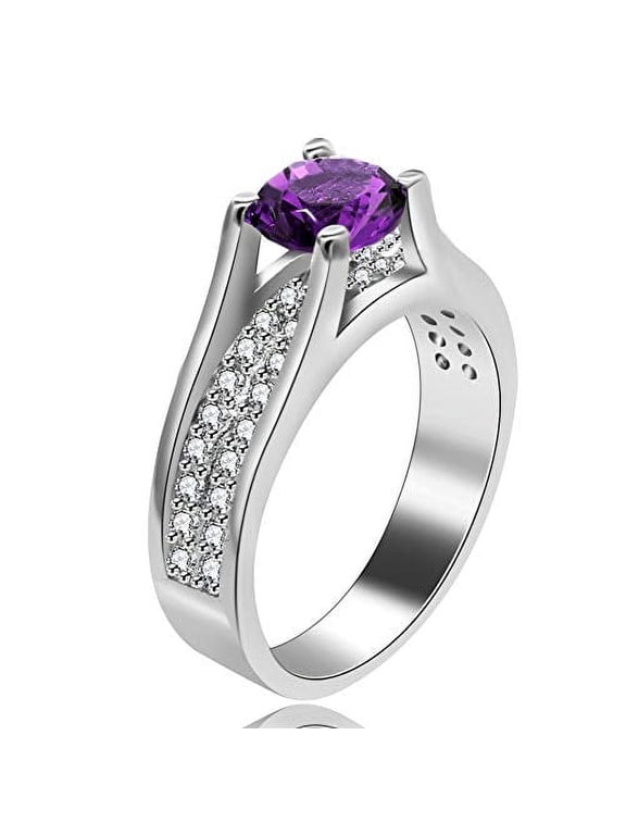 Women's White Gold Plated Round Brilliant Cut Purple Cubic Zirconia Engagement Rings Eternity Wedding Band Valentine's Gift for Girl-Friend Women (Purple, Size 6) Y006