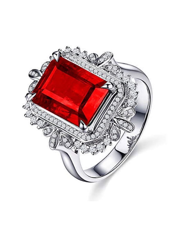 Womens 5 CT Simulated Ruby Ring, Adjustable Platinum Plated Rectangular Red CZ Birthstone Rings (red)