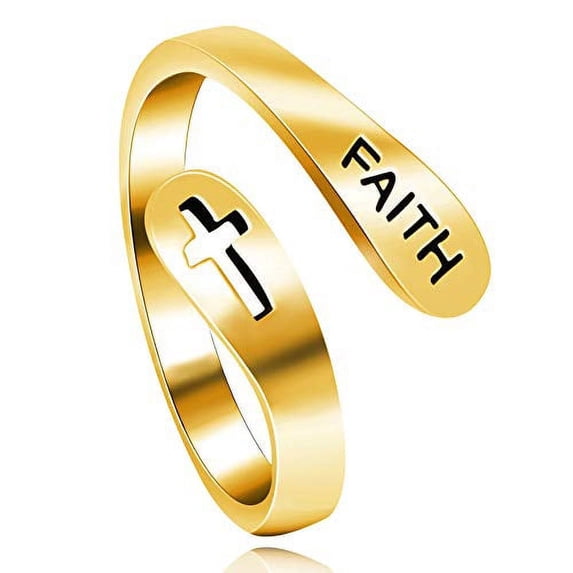 Uloveido Womens 925 Sterling Silver Alphabet FAITH Open Ring, Hollow Cross Wrap Adjustable Rings Religious Jewelry Gifts Y531 (Gold)