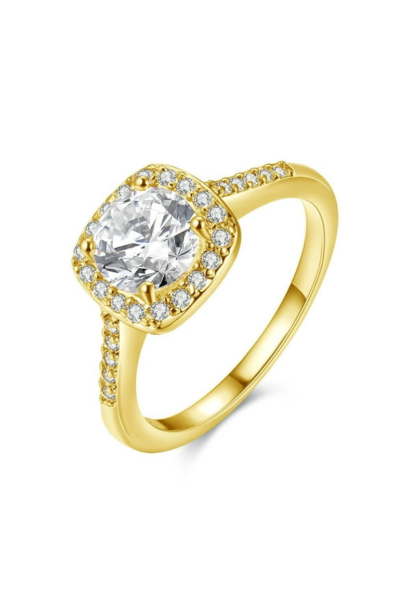 Womens Gold Plated Princess Cut Square Solitaire White CZ Promise Solitaire Halo Ring Wedding Band for Bridal (Gold Color, Size 7) KR002