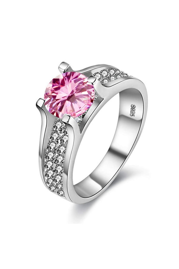 Womens Pretty Pink Solitaire Ring Cubic Zirconia White Gold Plated Bridal Wedding Promise Band Rings Gifts for Girlfriend (Size 7) Y006-Pink