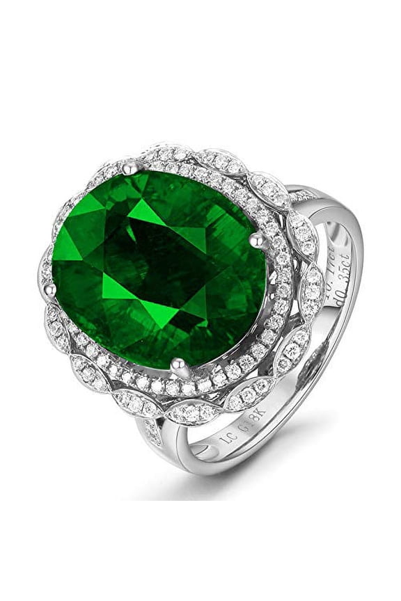 Womens Silver Color Oval Cut Green Cubic Zirconia Ring Birthstone Adjustable Synthetic Emerald Rings (Green)