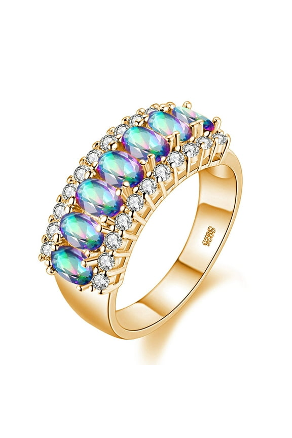 Yellow Gold Plated Oval Cut Cubic Zirconia CZ Eternity Engagement Wedding Band Ring for Women Bridal (Size 7, Rainbow) J501