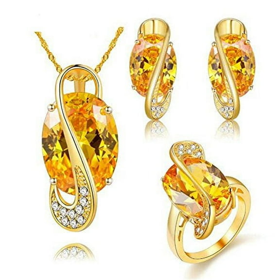 Uloveido Yellow Lab Topaz Cubic Zirconia Stud Drop Dangle Earrings Big Oval Rings Set for Women (Gold Plated, Yellow Stone, Size 10) Y183