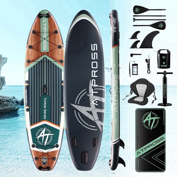 Ultifit Inflatable Paddle Board Extra Wide 450 Lbs Capacity Anti-Slip Design with SUP Accessories and Seat 11'6" x 35" Wood Color