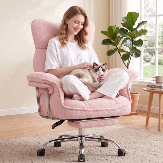 Ultifit Teddy Fleece Office Chair,Criss Cross Chair with Armrests & Wide Seat,Reclining Desk Vanity Chair with Thick Pad & Footrest for Adults,Pink