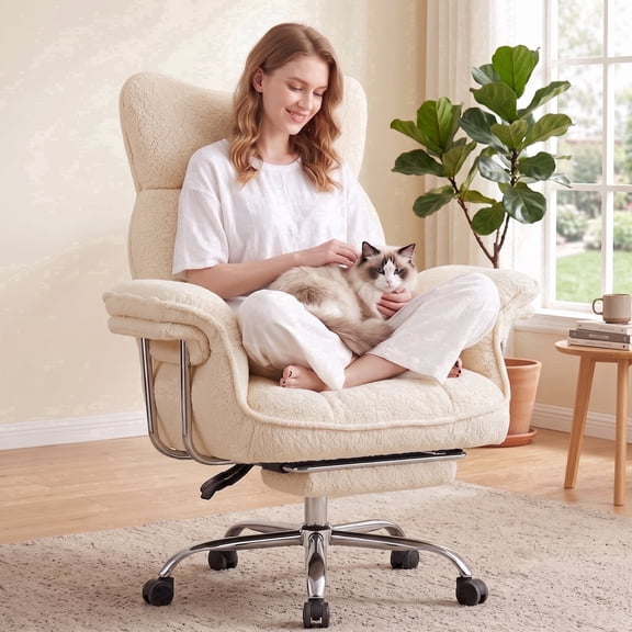 Ultifit Teddy Fleece Office Chair,Criss Cross Chair with Armrests & Wide Seat,Reclining Desk Vanity Chair with Thick Pad & Footrest for Adults,White