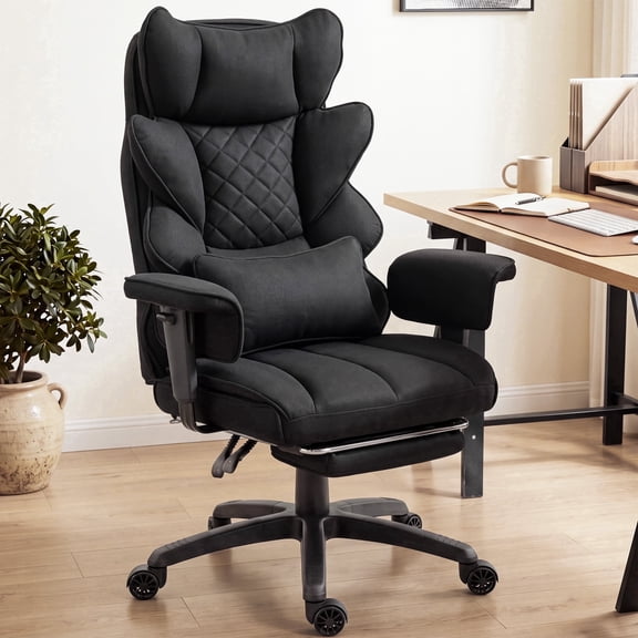 Ultifit Big and Tall Office Chair Fabric, Executive Chair with Footrest, High Back Desk Chair with Lumbar Support, Ergonomic Computer Chair, Black
