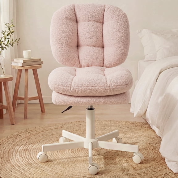 Ultifit Adjustable Vanity Chair with Double-layer Thick Cushion, Teddy Velvet Office Desk Chair With Backrest & Wheels, Armless Swivel Computer Chair, Light Pink