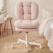 Ultifit Adjustable Vanity Chair with Double-layer Thick Cushion, Teddy Velvet Office Desk Chair With Backrest & Wheels, Armless Swivel Computer Chair, Light Pink