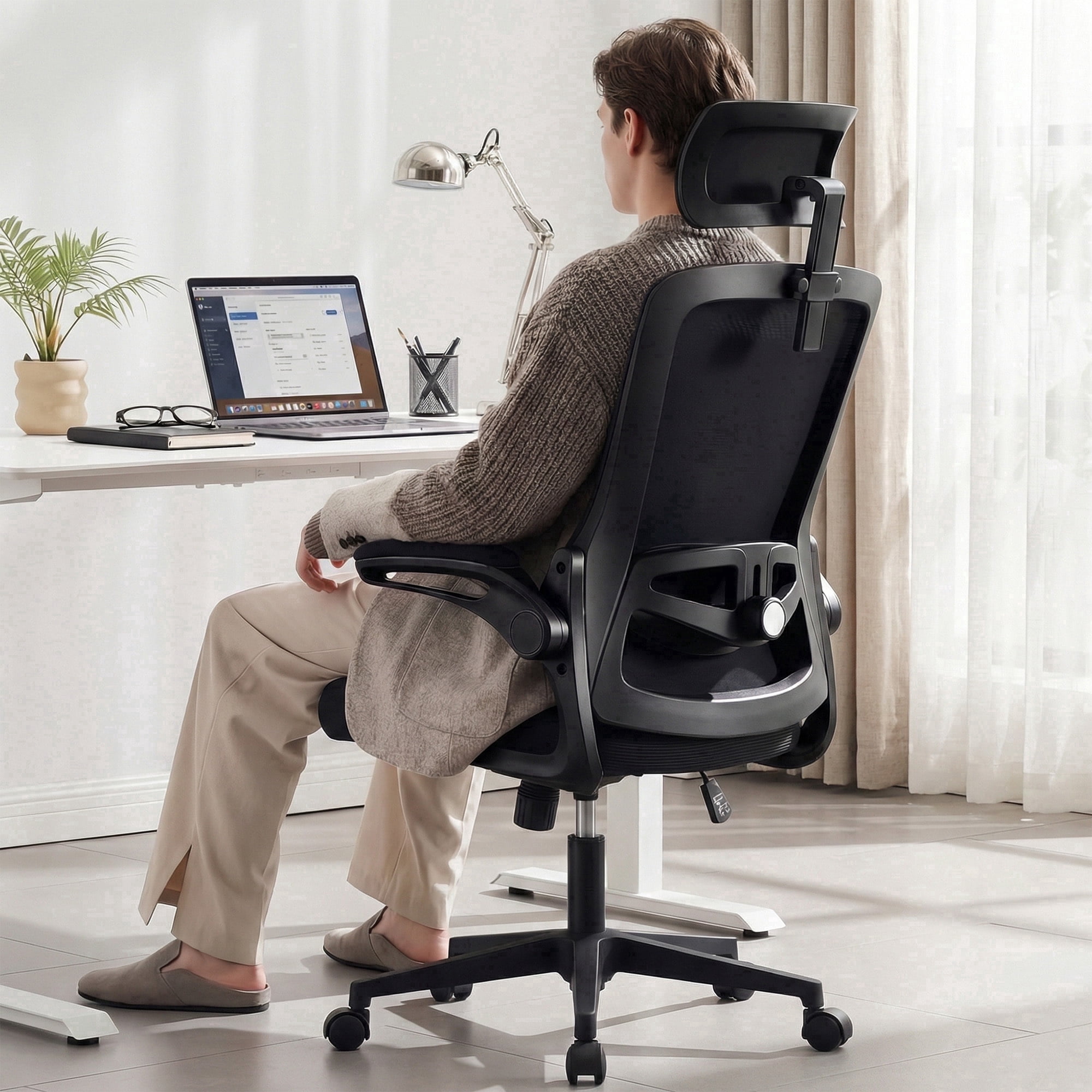 Ultifit Ergonomic Office Chair for Adult, Black Breathable Mesh Desk Chair with Adjustable Headrest, Armrests, Lumbar Support, and Rocking Function，400LBS