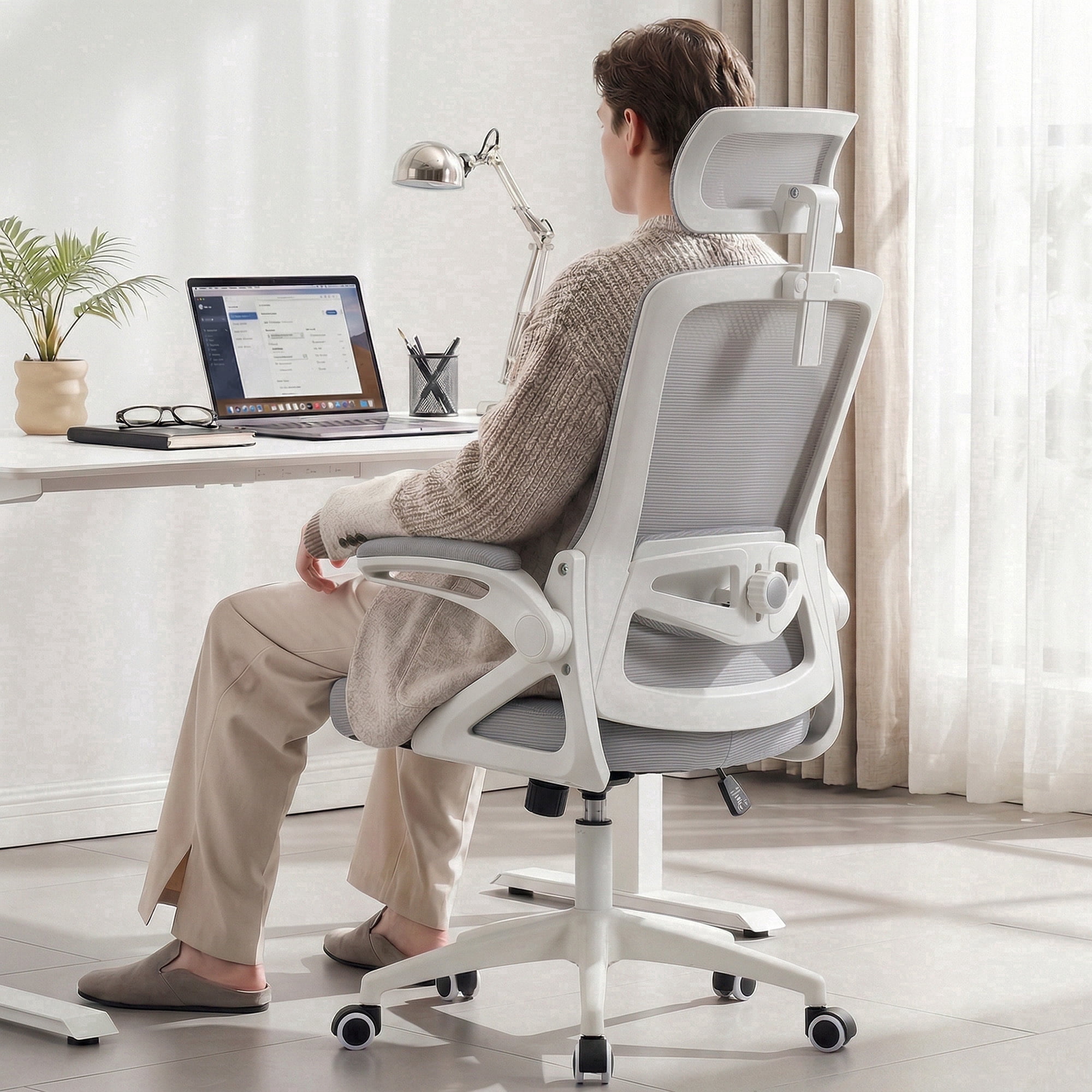 Ultifit Ergonomic Office Chair for Adult, Gray Breathable Mesh Desk Chair with Adjustable Headrest, Armrests, Lumbar Support, and Rocking Function，400LBS
