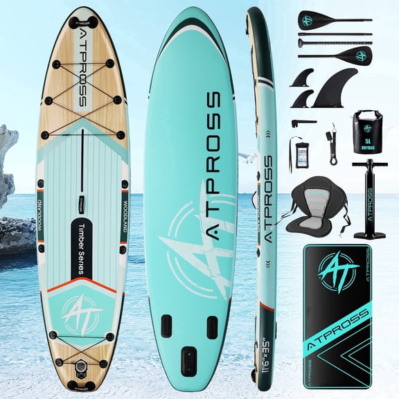 Ultifit Inflatable Paddle Board Extra Wide 450 Lbs Capacity Anti-Slip Design with SUP Accessories and Seat 11'6" x 35" Light Wood Color