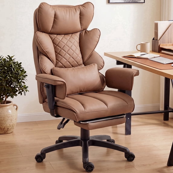 Ultifit Big and Tall Office Chair PU Leather, Executive Chair with Footrest, High Back Desk Chair with Lumbar Support, Ergonomic Computer Chair, Brown