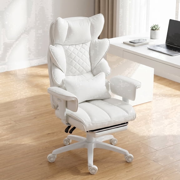 Ultifit Office Chair Adult PU Leather High Back Indoor Adjustable Seat Height Executive Chairs Footrest, White
