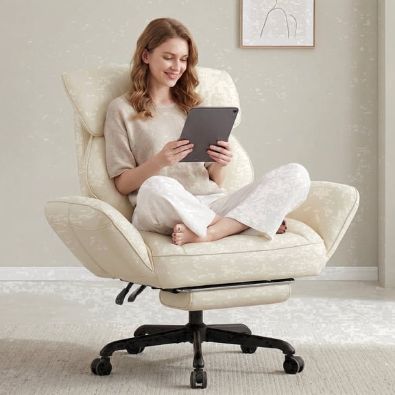 Ultifit Big and Tall Office Chair with Swivel Armrests,Leather Criss Cross Chair with Headrest & Footrest,Desk Chair with Spring Padt,Beige